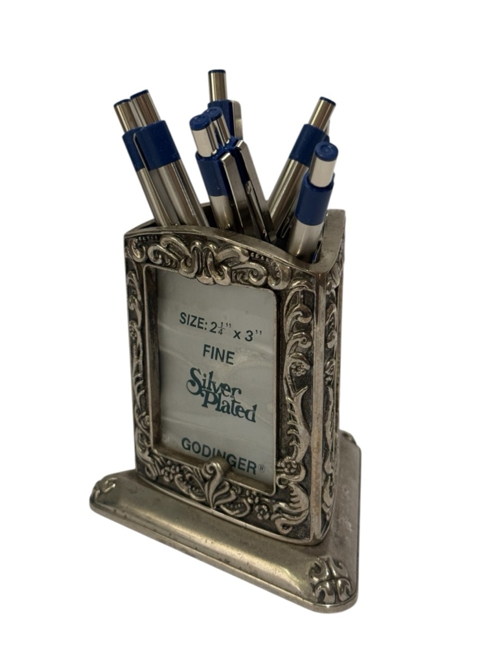 Vintage Godinger 1991 Silver Plated Triangular 3 Photo Frame Pen Flower Holder